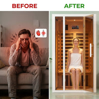 2 Person Extendable FAR Infrared Sauna for Home, Hemlock Wood Low EMF 6 Carbon Heaters Indoor Saunas with LED Lights, Bluetooth Speaker, Digital Control Panel, and Seating Bench — Before & After