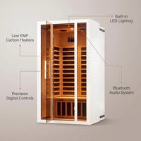 2 Person Extendable FAR Infrared Sauna for Home, Hemlock Wood Low EMF 6 Carbon Heaters Indoor Saunas with LED Lights, Bluetooth Speaker, Digital Control Panel, and Seating Bench — infographic