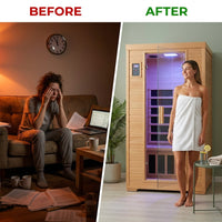 2024 Upgrade 1 to 2 Person Infrared Sauna, Low EMF Infrared Sauna for Home, Indoor Sauna Room, Hemlock Wooden Far Infrared Sauna, Dry Sauna with Bluetooth Speakers, LED Reading and Chromotherapy Lamp — Before & After