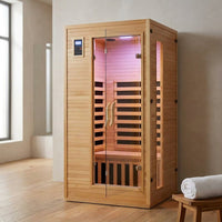 2024 Upgrade 1 to 2 Person Infrared Sauna, Low EMF Infrared Sauna for Home, Indoor Sauna Room, Hemlock Wooden Far Infrared Sauna, Dry Sauna with Bluetooth Speakers, LED Reading and Chromotherapy Lamp — Studio Shot