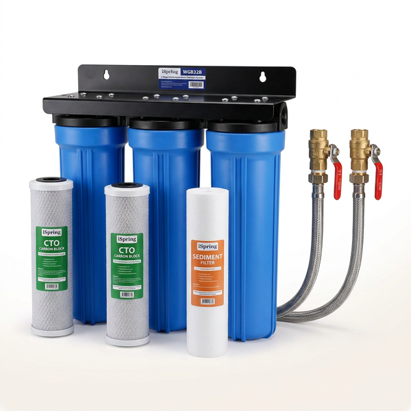 3-Stage Whole House Water Filtration System W/ 3/4 In. Push-Fit Stainless Steel Hose Connectors and Ball Valve — Studio Shot