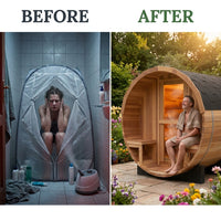 6-Person Patchworkred Cedar Traditional Steam Barrel Sauna — Before & After