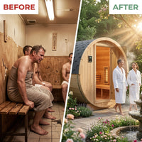 Outdoor Traditional Sauna, 4-6 Person Wooden Sauna, Steam Wet Wood Sauna with 220V with 6KW Heater, Sauna Stone, Thermometer — Before & After