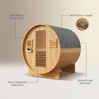 Outdoor Traditional Sauna, 4-6 Person Wooden Sauna, Steam Wet Wood Sauna with 220V with 6KW Heater, Sauna Stone, Thermometer — infographic