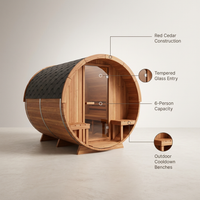 Traditional Steam Barrel Sauna Built for Authentic Heat Experience, Red Cedar Construction, 6-Person Capacity — infographic